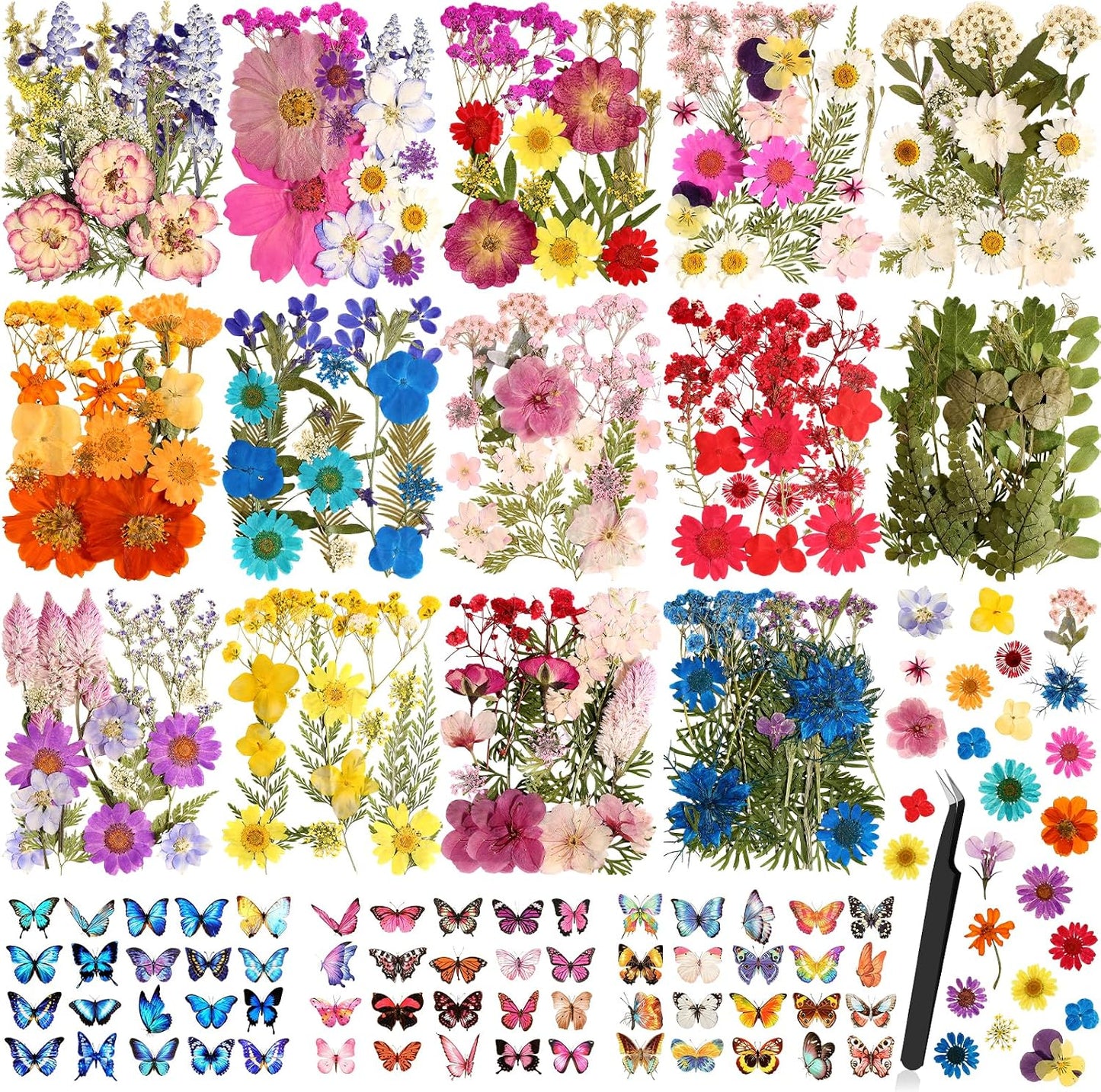 Dried Flowers for Crafts, 331 PCS Dried Pressed Flower Butterfly Stickers with Tweezers Real Natural Pressed Dried Florals Leaves for Resin, Jewelry, Card Making, Soap,Candles, Nail Art, Scrapbooking