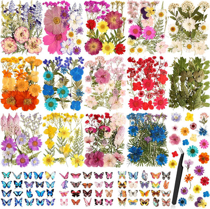 Dried Flowers for Crafts, 331 PCS Dried Pressed Flower Butterfly Stickers with Tweezers Real Natural Pressed Dried Florals Leaves for Resin, Jewelry, Card Making, Soap,Candles, Nail Art, Scrapbooking
