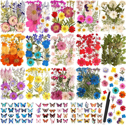Dried Flowers for Crafts, 331 PCS Dried Pressed Flower Butterfly Stickers with Tweezers Real Natural Pressed Dried Florals Leaves for Resin, Jewelry, Card Making, Soap,Candles, Nail Art, Scrapbooking
