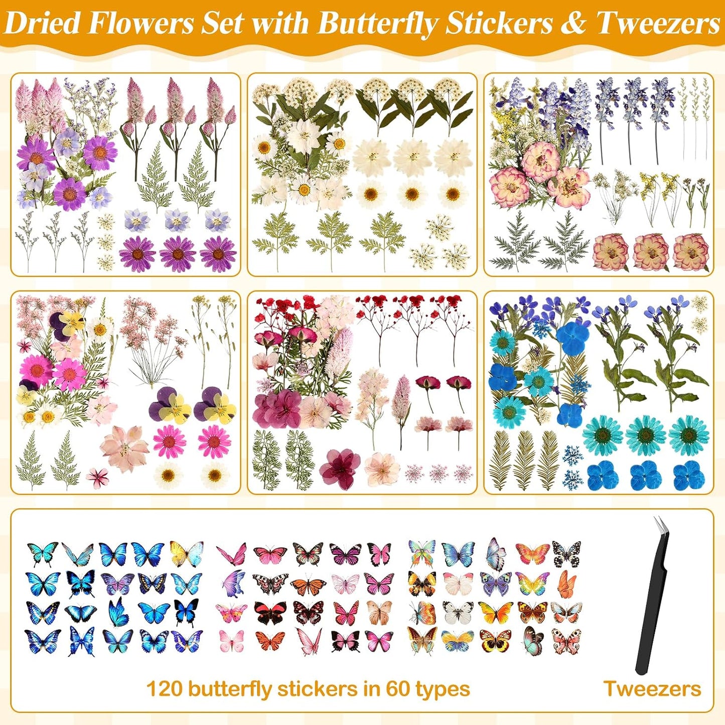 Dried Flowers for Crafts, 331 PCS Dried Pressed Flower Butterfly Stickers with Tweezers Real Natural Pressed Dried Florals Leaves for Resin, Jewelry, Card Making, Soap,Candles, Nail Art, Scrapbooking