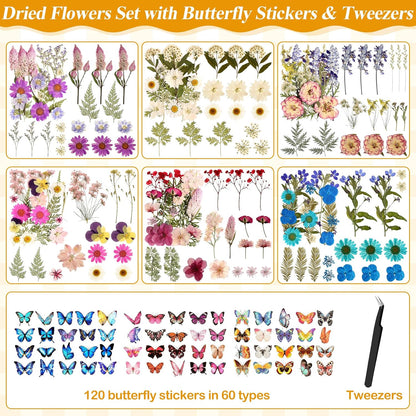 Dried Flowers for Crafts, 331 PCS Dried Pressed Flower Butterfly Stickers with Tweezers Real Natural Pressed Dried Florals Leaves for Resin, Jewelry, Card Making, Soap,Candles, Nail Art, Scrapbooking