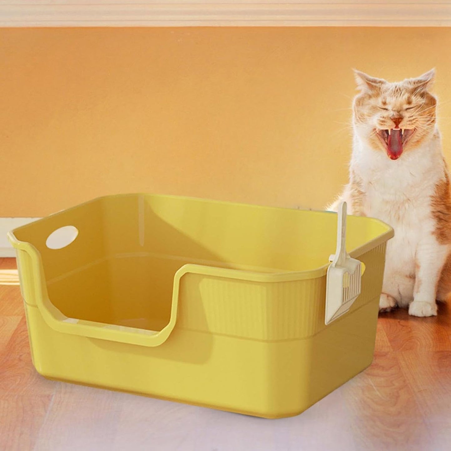 Cat Litter Box Litter Pan with Frame Kitten Toilet Splashproof High Sided Pet Litter Tray for Small Medium Large Cats, Yellow