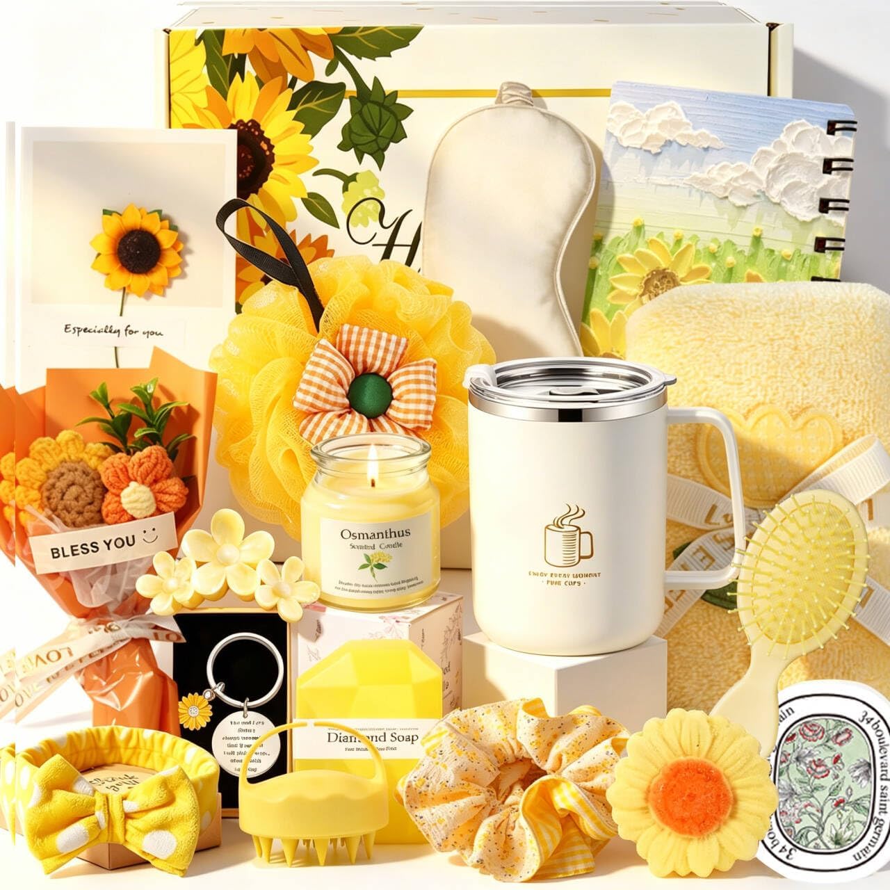Sunflower Birthday Gifts for Women Self Care Gift - 18Pcs Get Well Soon Sympathy Gift Basket Sending Sunshine Unique Spa Gifts Box for Women Care Package, Mothers Day Gifts for Mom Wife Sister Friends
