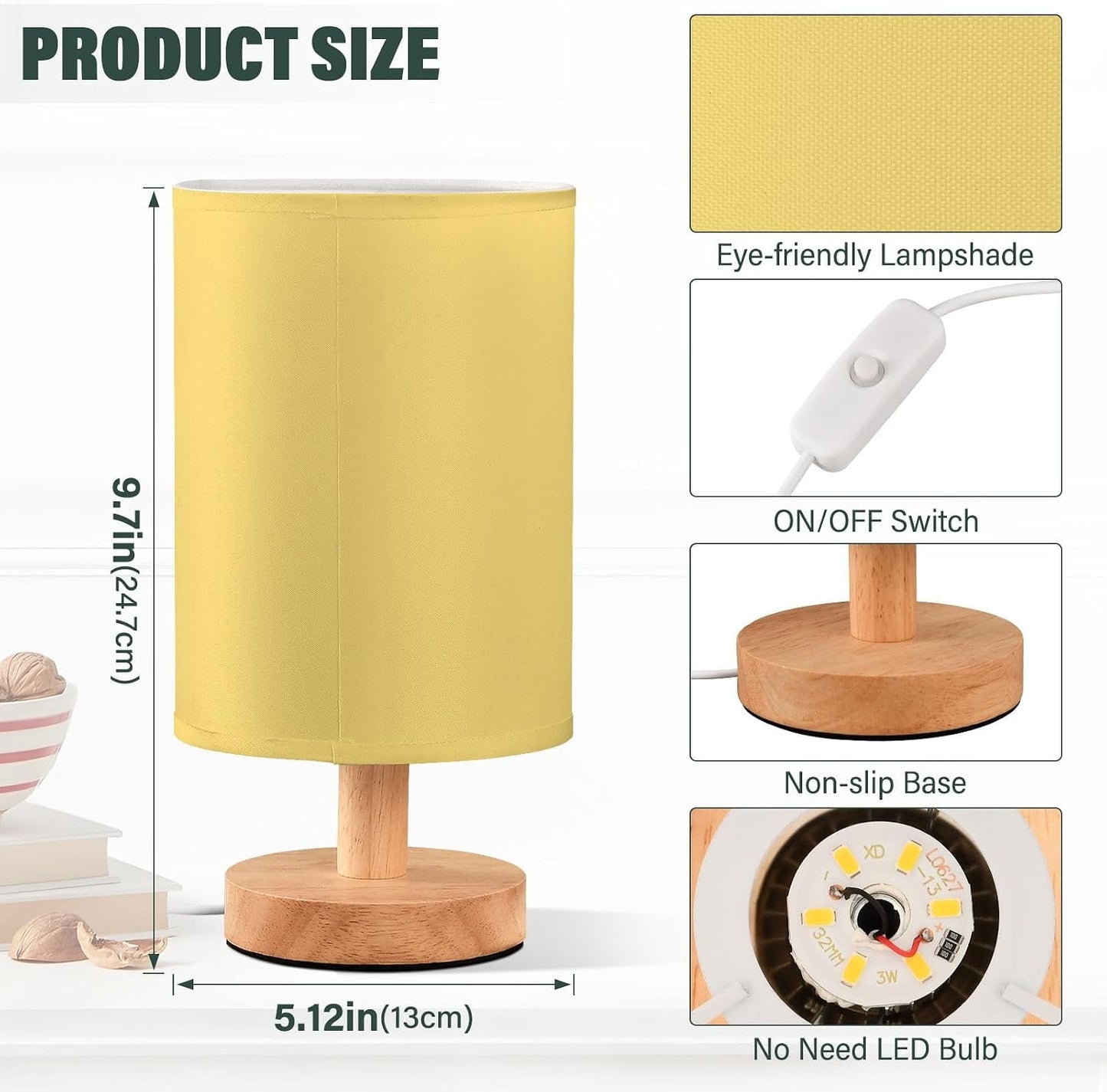 Lemon Yellow Bedside Table Lamp for Bedroom Fabric Linen Lampshade Nightstand Lamp Desk Light Lamps for Office Home Dorm 5.12x9.7in
