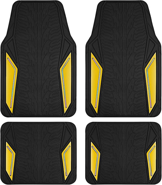 Rubber Floor Mats, Yellow Aluminum Film with Colorful Piping Floor Mats for Cars, Car Mats with Non-Slip Backing, All-Weather Protection, Trim-to-Fit Liner for Cars, SUVs, Trucks, Vehicles