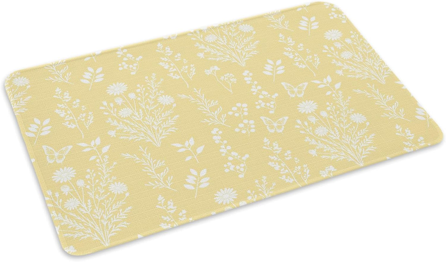 Light Yellow Botanical Door Mat Indoor Outdoor, Spring Summer Chic Wildflowers Non Slip Welcome Mat with Rubber Backing, Absorbent Fabric Front Door Mats Entryway Rug for Home Patio Entrance 16"x24"