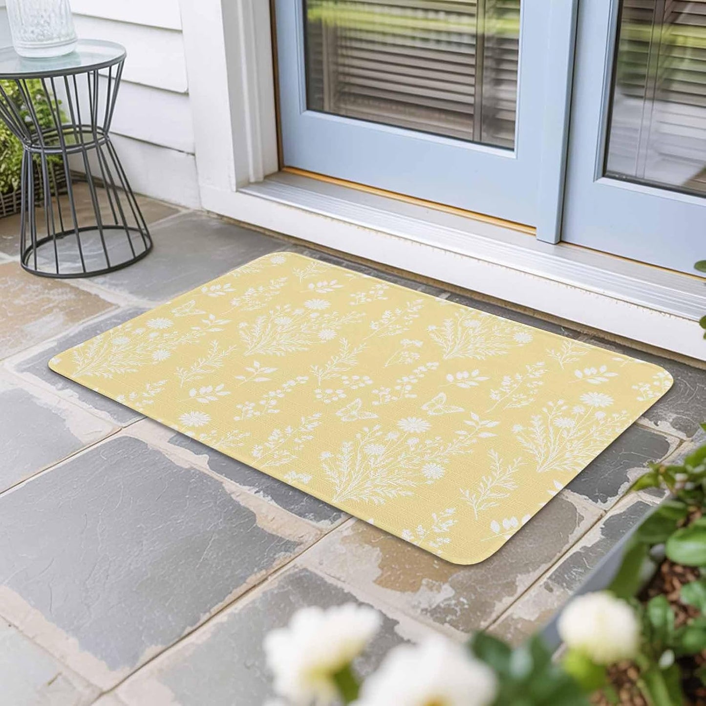 Light Yellow Botanical Door Mat Indoor Outdoor, Spring Summer Chic Wildflowers Non Slip Welcome Mat with Rubber Backing, Absorbent Fabric Front Door Mats Entryway Rug for Home Patio Entrance 16"x24"