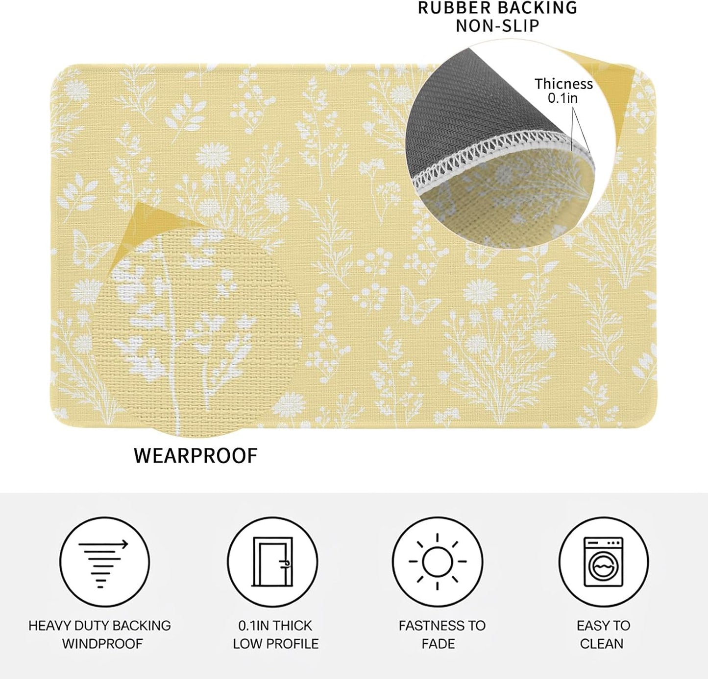 Light Yellow Botanical Door Mat Indoor Outdoor, Spring Summer Chic Wildflowers Non Slip Welcome Mat with Rubber Backing, Absorbent Fabric Front Door Mats Entryway Rug for Home Patio Entrance 16"x24"