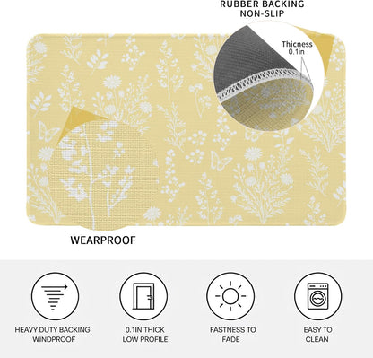Light Yellow Botanical Door Mat Indoor Outdoor, Spring Summer Chic Wildflowers Non Slip Welcome Mat with Rubber Backing, Absorbent Fabric Front Door Mats Entryway Rug for Home Patio Entrance 16"x24"