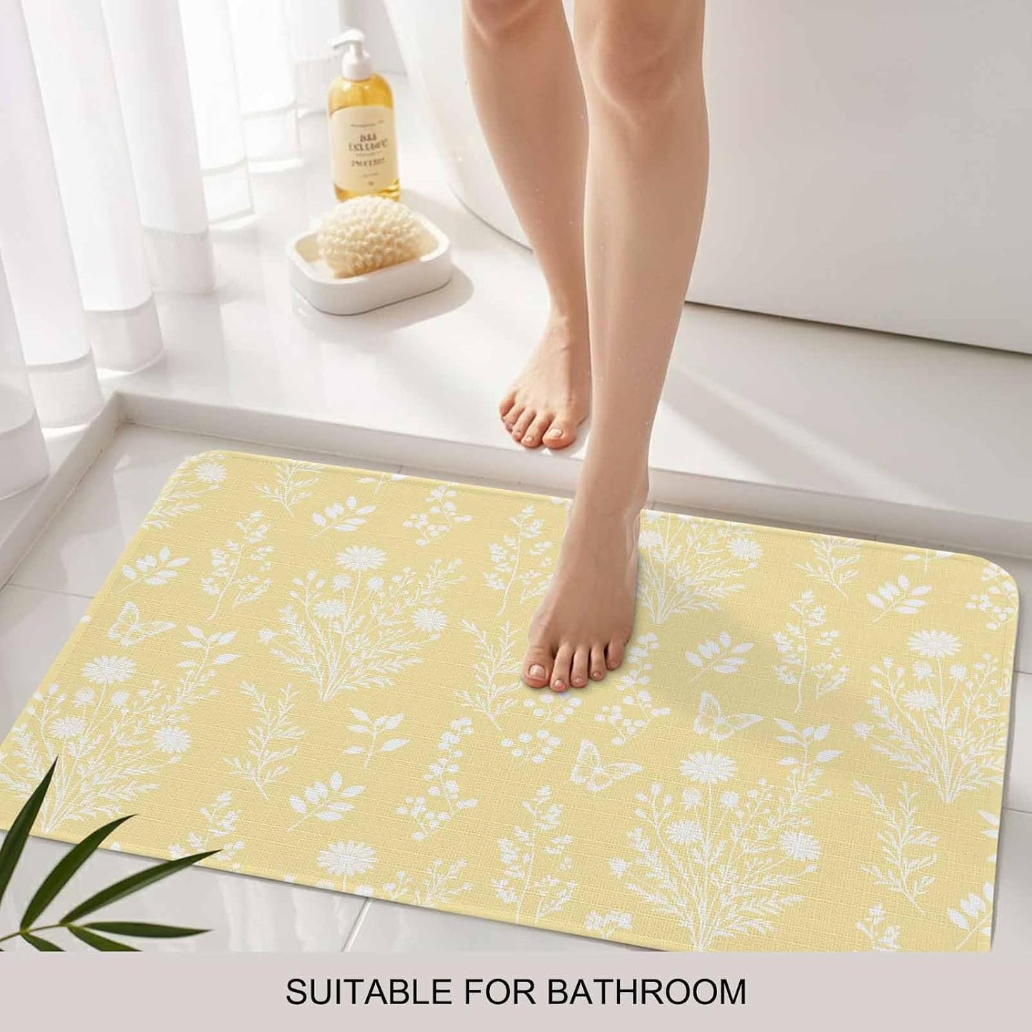 Light Yellow Botanical Door Mat Indoor Outdoor, Spring Summer Chic Wildflowers Non Slip Welcome Mat with Rubber Backing, Absorbent Fabric Front Door Mats Entryway Rug for Home Patio Entrance 16"x24"