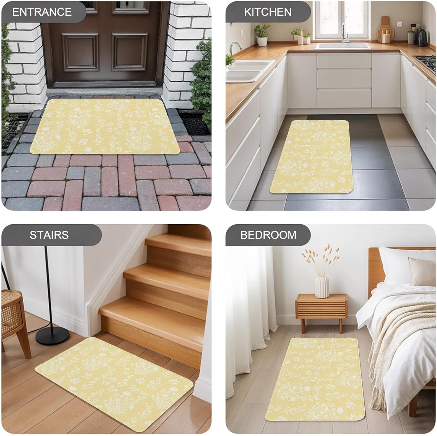 Light Yellow Botanical Door Mat Indoor Outdoor, Spring Summer Chic Wildflowers Non Slip Welcome Mat with Rubber Backing, Absorbent Fabric Front Door Mats Entryway Rug for Home Patio Entrance 16"x24"