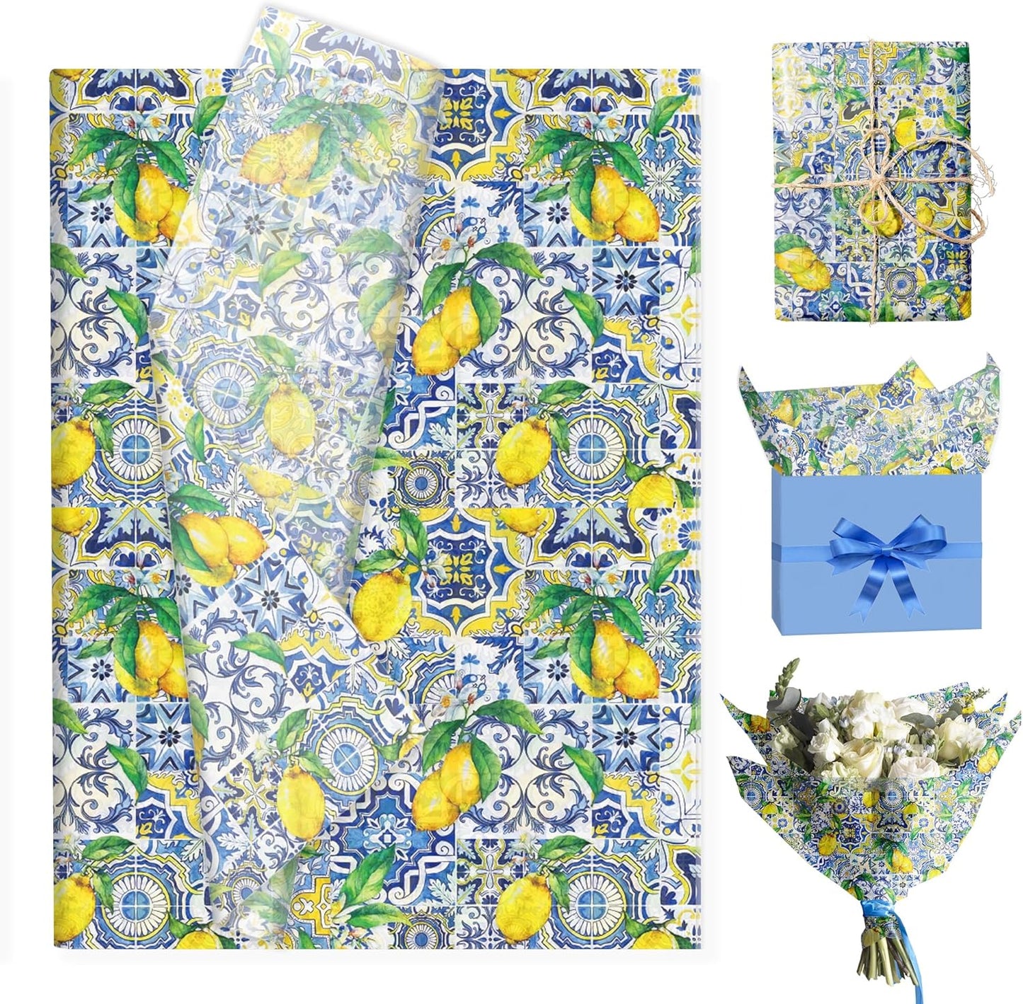 50 Sheets Capri Lemon Tissue Paper, Summer Blue Mediterranean Tile Yellow Lemon Gift Wrapping Papers, Summer Fruit Blue and White Porcelain Design for Bouquet Flower Wrapping, Candy Bag Fillers,Packaging Paper, Gift Boxes, 20 x 14 Inch