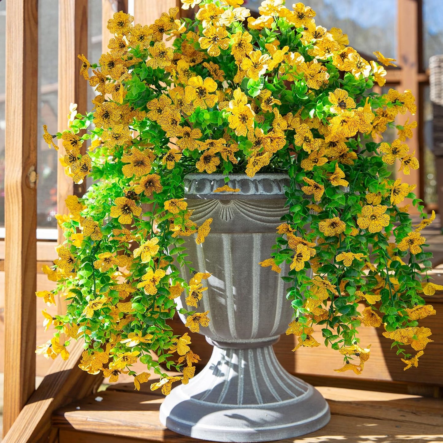 Artificial Hanging Flowers for Outdoors Decoration, 2pcs Fake Daisy with Eucalyptus Leaves for Garden Yard Porch (Yellow)
