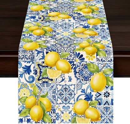 Lemon Table Runner, 13 x 72 inches Blue and Yellow Summer Fruit Kitchen Dining Table Decoration Italian Lemons Table Cover for Indoor Outdoor Home Party Supplies