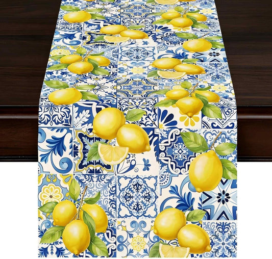 Lemon Table Runner, 13 x 72 inches Blue and Yellow Summer Fruit Kitchen Dining Table Decoration Italian Lemons Table Cover for Indoor Outdoor Home Party Supplies