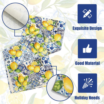 Lemon Table Runner, 13 x 72 inches Blue and Yellow Summer Fruit Kitchen Dining Table Decoration Italian Lemons Table Cover for Indoor Outdoor Home Party Supplies
