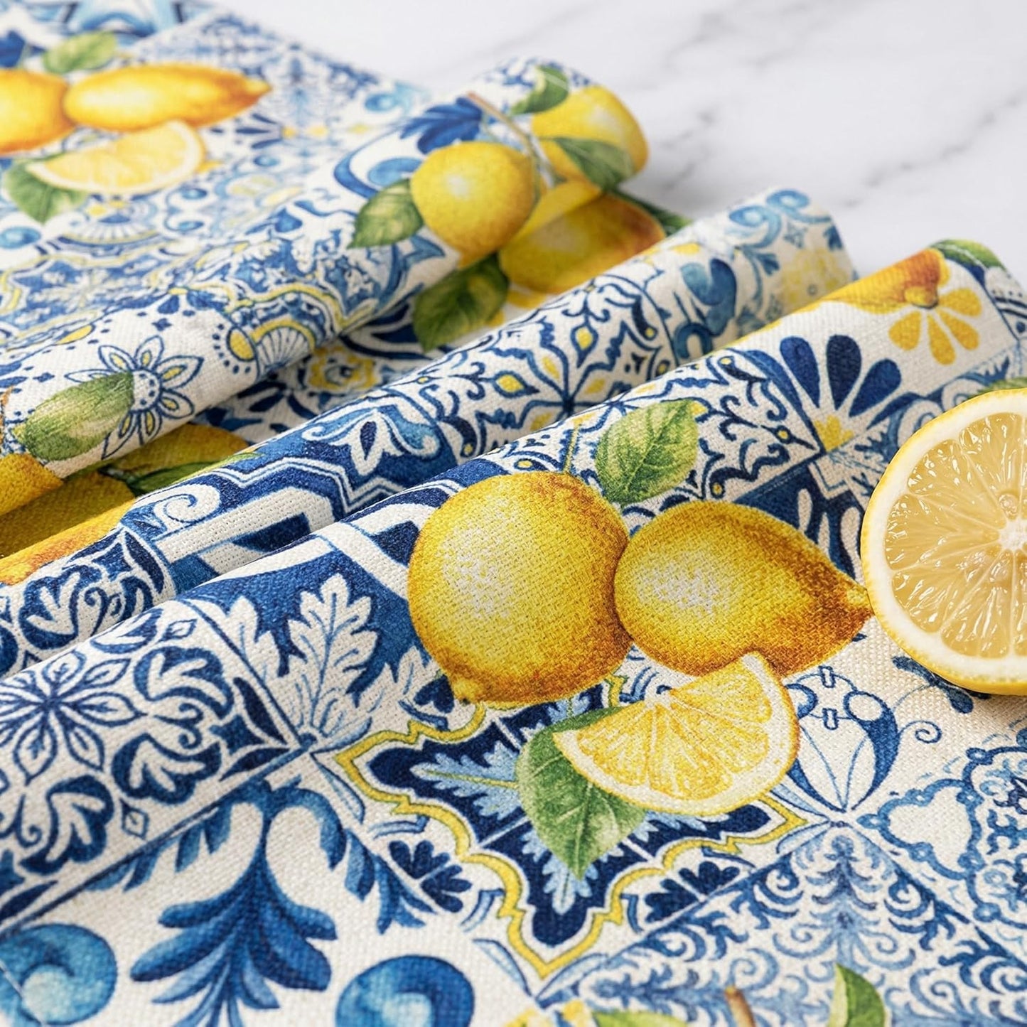 Lemon Table Runner, 13 x 72 inches Blue and Yellow Summer Fruit Kitchen Dining Table Decoration Italian Lemons Table Cover for Indoor Outdoor Home Party Supplies