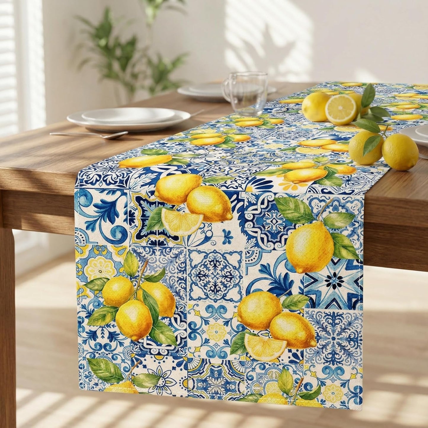 Lemon Table Runner, 13 x 72 inches Blue and Yellow Summer Fruit Kitchen Dining Table Decoration Italian Lemons Table Cover for Indoor Outdoor Home Party Supplies