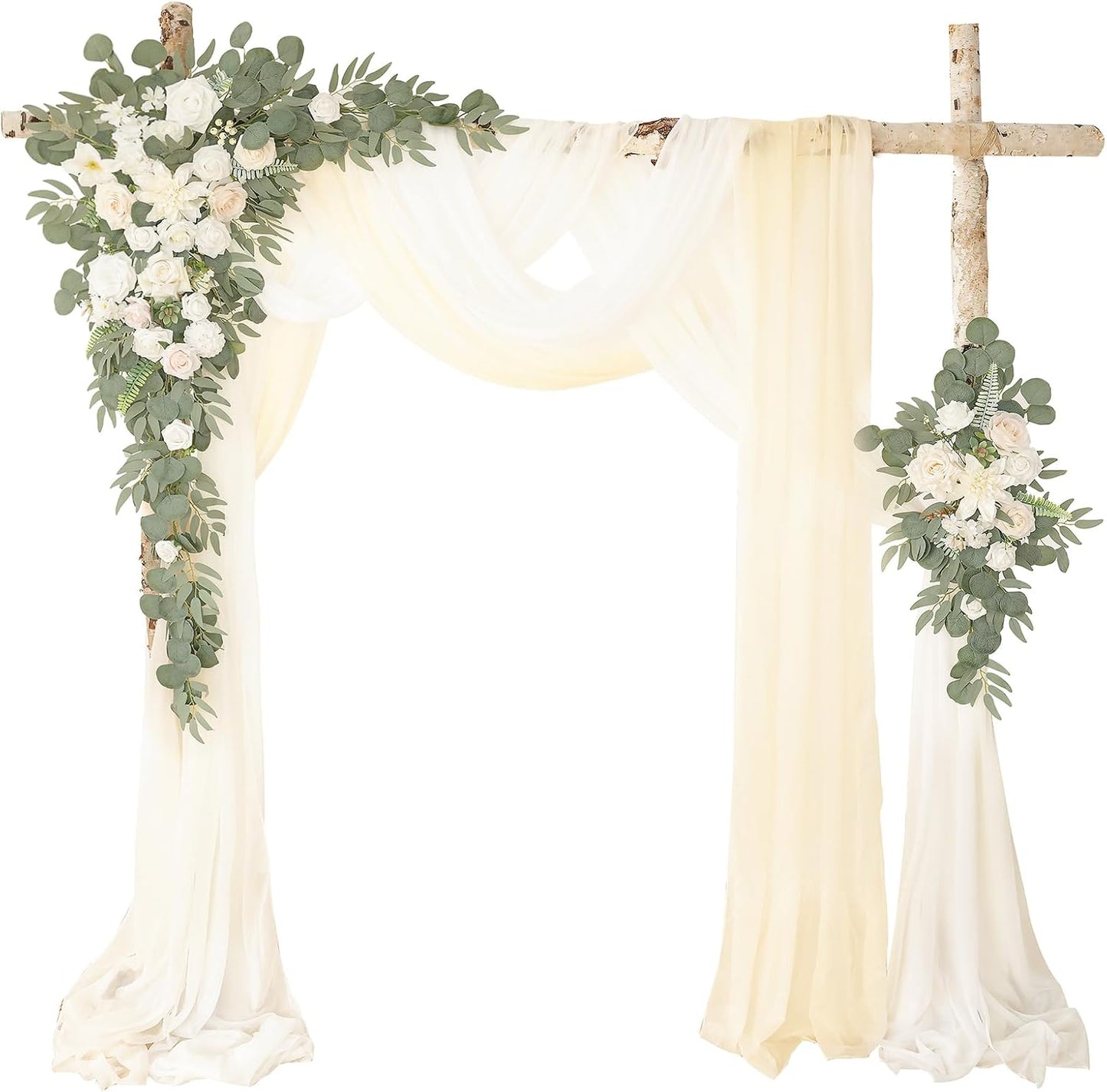 Deluxe Yellow Artificial Wedding Arch Flowers with Drapes Kit-Pack of 5, 2pcs Flower Arrangements 3pcs Hanging Sheer Drapes Yellow Ceremony Arbor Reception Backdrop Rose Floral Decorations.