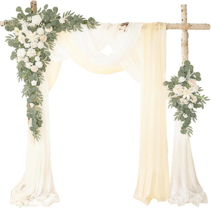 Deluxe Yellow Artificial Wedding Arch Flowers with Drapes Kit-Pack of 5, 2pcs Flower Arrangements 3pcs Hanging Sheer Drapes Yellow Ceremony Arbor Reception Backdrop Rose Floral Decorations.