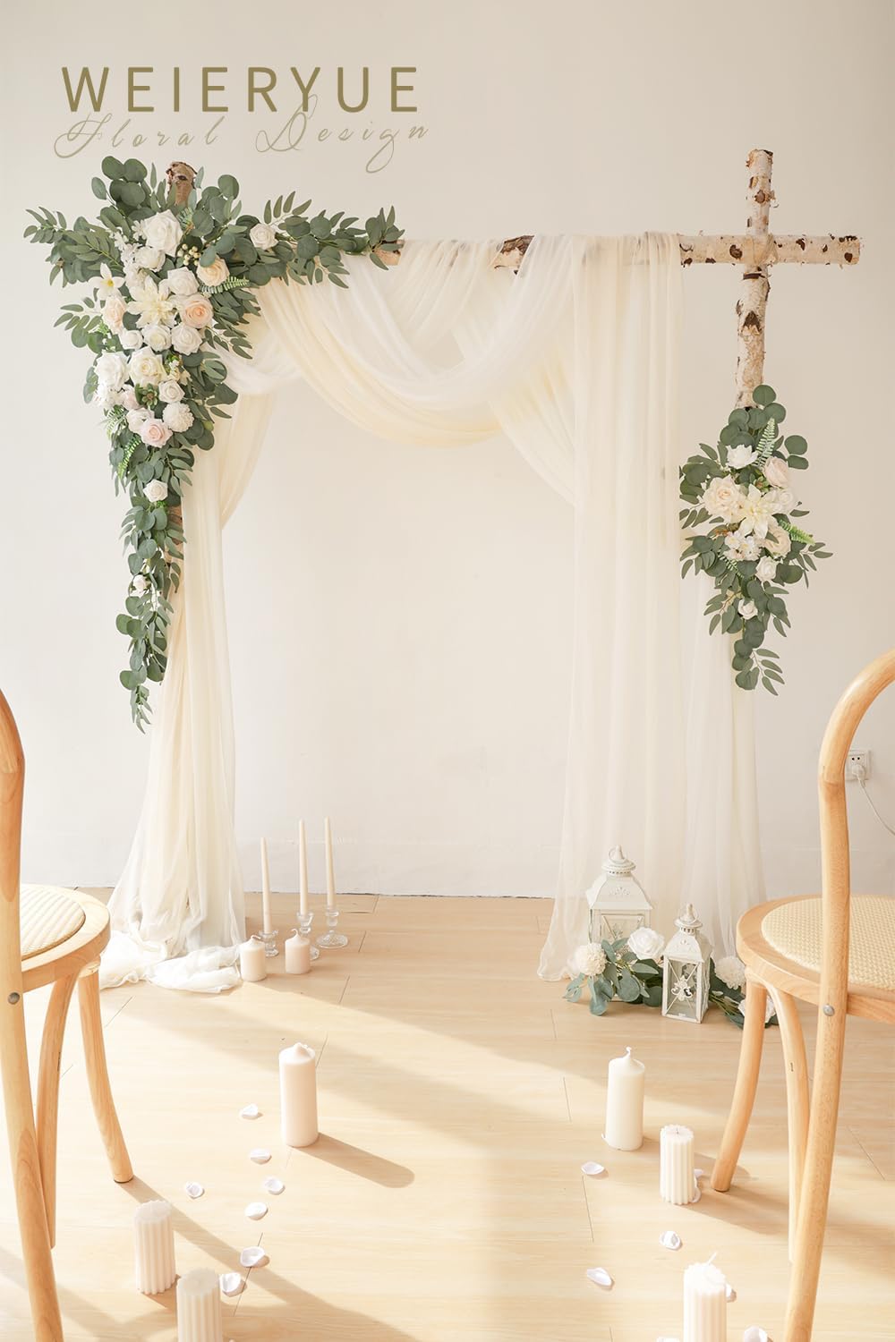 Deluxe Yellow Artificial Wedding Arch Flowers with Drapes Kit-Pack of 5, 2pcs Flower Arrangements 3pcs Hanging Sheer Drapes Yellow Ceremony Arbor Reception Backdrop Rose Floral Decorations.