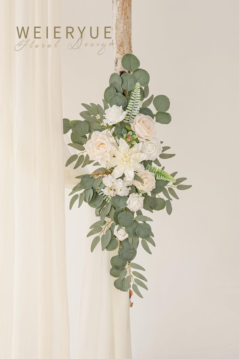Deluxe Yellow Artificial Wedding Arch Flowers with Drapes Kit-Pack of 5, 2pcs Flower Arrangements 3pcs Hanging Sheer Drapes Yellow Ceremony Arbor Reception Backdrop Rose Floral Decorations.
