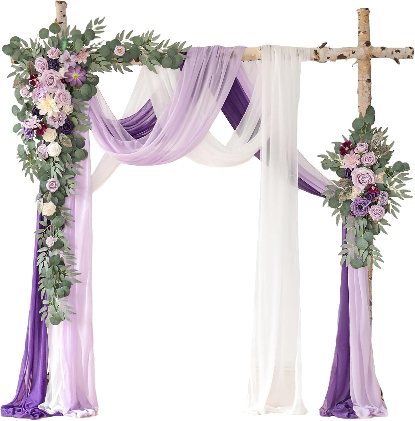 Deluxe Yellow Artificial Wedding Arch Flowers with Drapes Kit-Pack of 5, 2pcs Flower Arrangements 3pcs Hanging Sheer Drapes Yellow Ceremony Arbor Reception Backdrop Rose Floral Decorations.