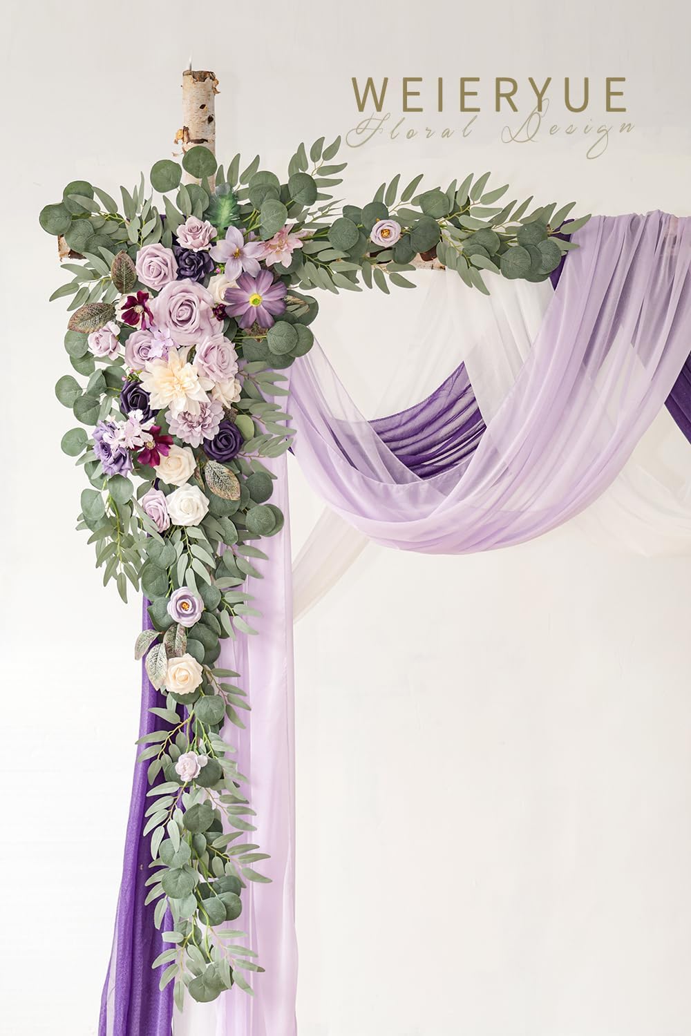 Deluxe Yellow Artificial Wedding Arch Flowers with Drapes Kit-Pack of 5, 2pcs Flower Arrangements 3pcs Hanging Sheer Drapes Yellow Ceremony Arbor Reception Backdrop Rose Floral Decorations.