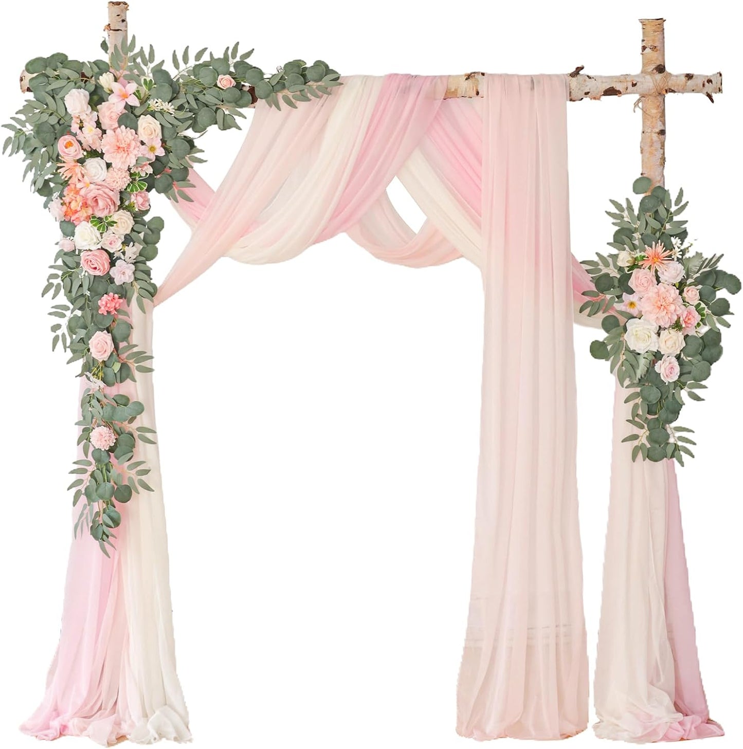 Deluxe Yellow Artificial Wedding Arch Flowers with Drapes Kit-Pack of 5, 2pcs Flower Arrangements 3pcs Hanging Sheer Drapes Yellow Ceremony Arbor Reception Backdrop Rose Floral Decorations.