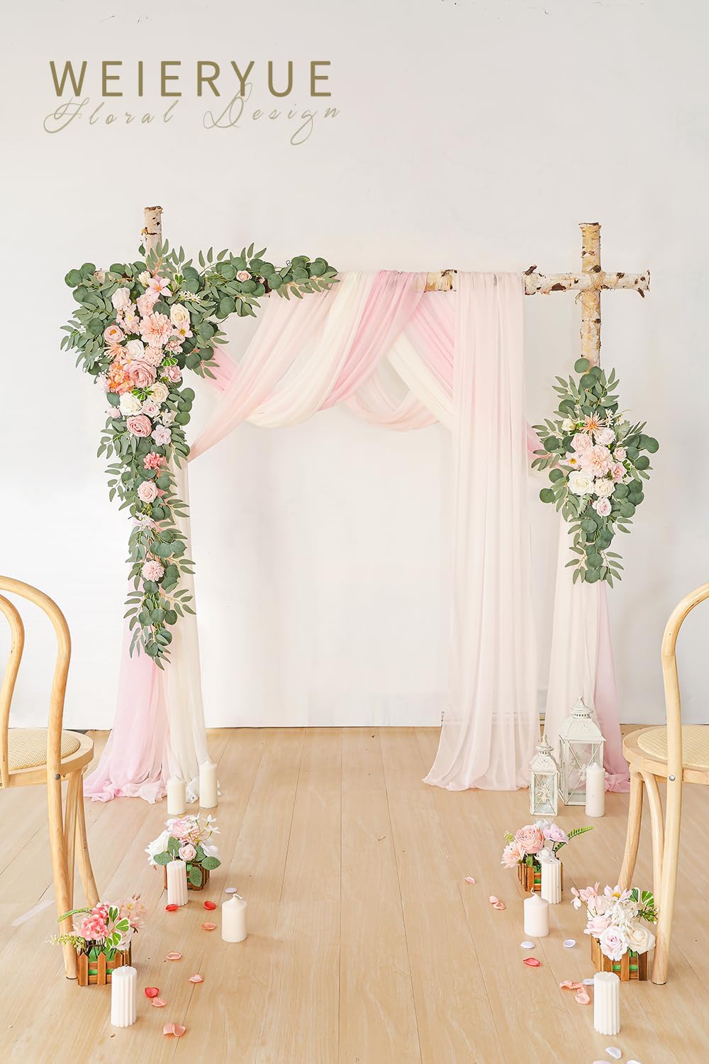 Deluxe Yellow Artificial Wedding Arch Flowers with Drapes Kit-Pack of 5, 2pcs Flower Arrangements 3pcs Hanging Sheer Drapes Yellow Ceremony Arbor Reception Backdrop Rose Floral Decorations.