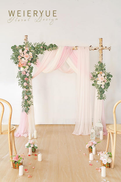 Deluxe Yellow Artificial Wedding Arch Flowers with Drapes Kit-Pack of 5, 2pcs Flower Arrangements 3pcs Hanging Sheer Drapes Yellow Ceremony Arbor Reception Backdrop Rose Floral Decorations.