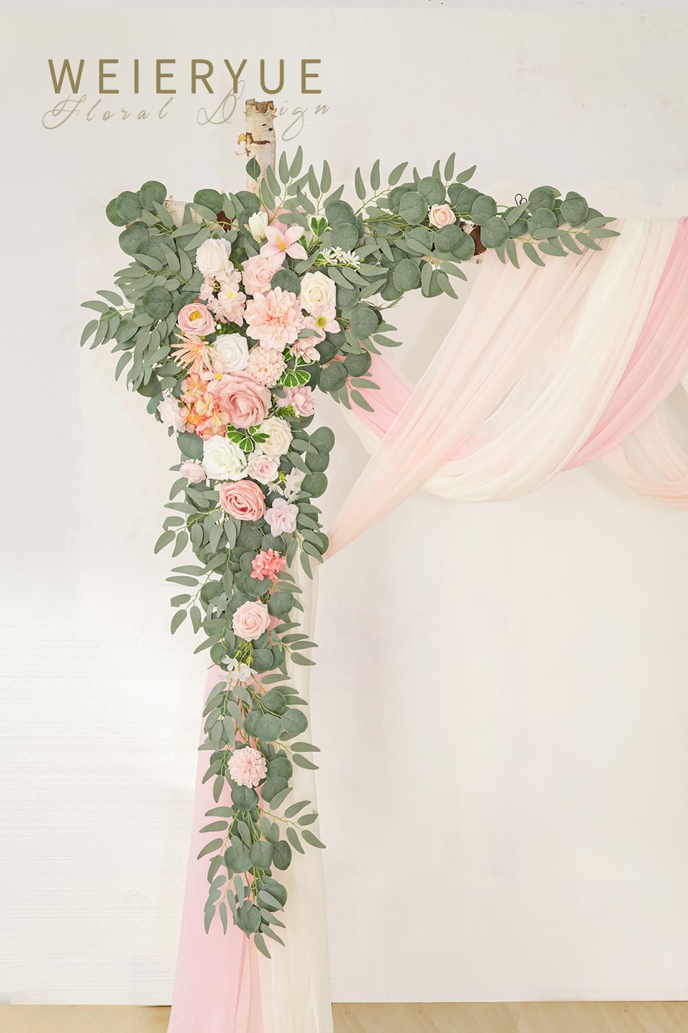 Deluxe Yellow Artificial Wedding Arch Flowers with Drapes Kit-Pack of 5, 2pcs Flower Arrangements 3pcs Hanging Sheer Drapes Yellow Ceremony Arbor Reception Backdrop Rose Floral Decorations.