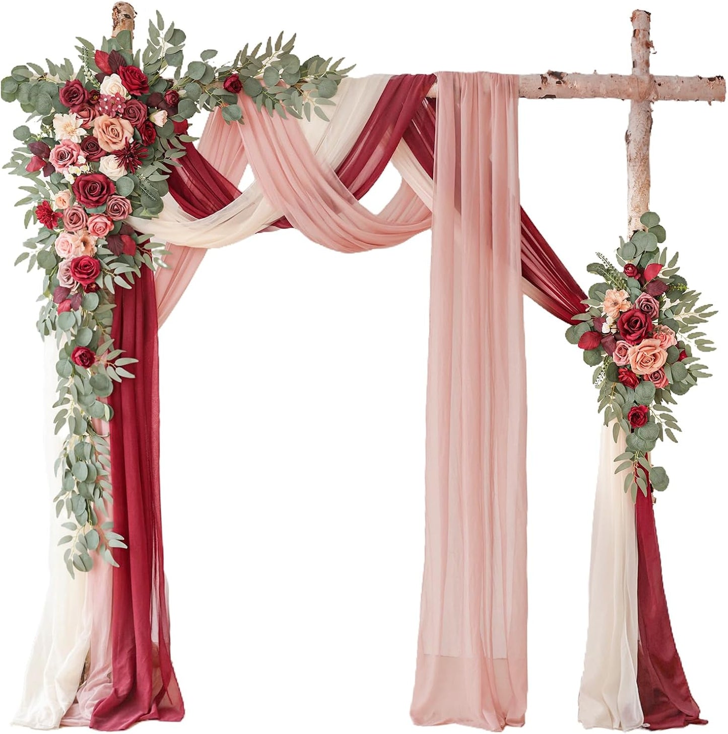 Deluxe Yellow Artificial Wedding Arch Flowers with Drapes Kit-Pack of 5, 2pcs Flower Arrangements 3pcs Hanging Sheer Drapes Yellow Ceremony Arbor Reception Backdrop Rose Floral Decorations.