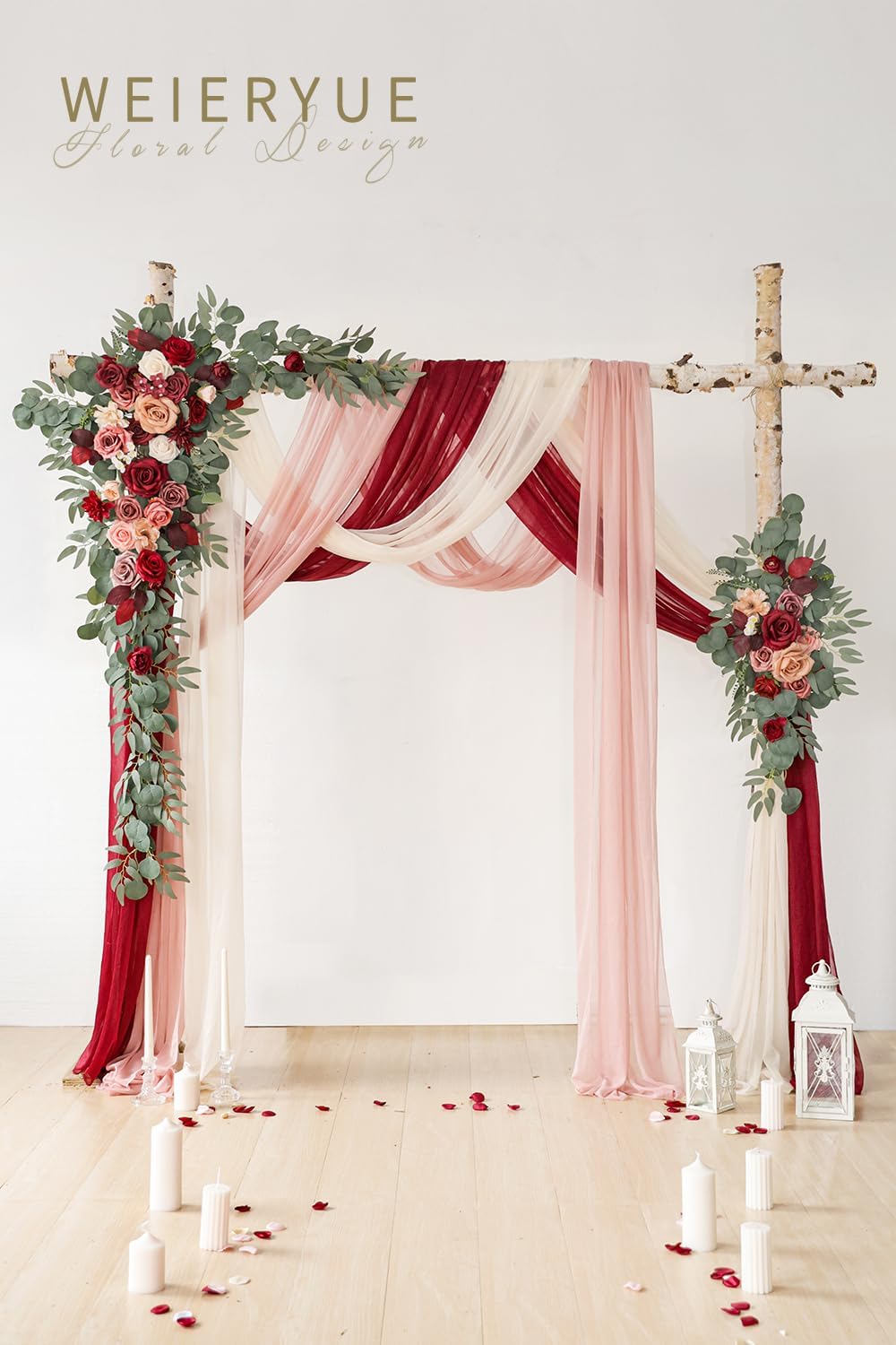 Deluxe Yellow Artificial Wedding Arch Flowers with Drapes Kit-Pack of 5, 2pcs Flower Arrangements 3pcs Hanging Sheer Drapes Yellow Ceremony Arbor Reception Backdrop Rose Floral Decorations.