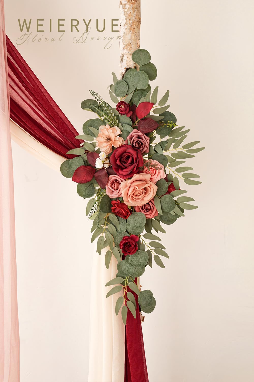 Deluxe Yellow Artificial Wedding Arch Flowers with Drapes Kit-Pack of 5, 2pcs Flower Arrangements 3pcs Hanging Sheer Drapes Yellow Ceremony Arbor Reception Backdrop Rose Floral Decorations.