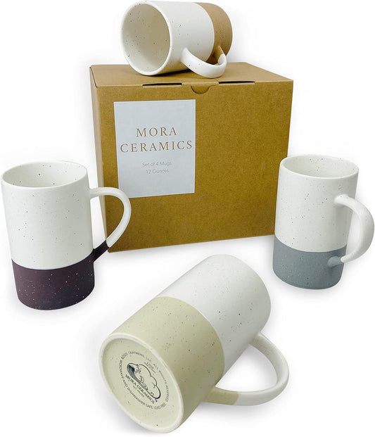 Ceramics 12oz Coffee Mug Set of 4 - Ceramic Tea Cups with Handle - Microwave and Dishwasher Safe, Perfect For Cup or Mug Lovers - Rustic Matte Glaze, Modern Design Mugs - Assorted Colors