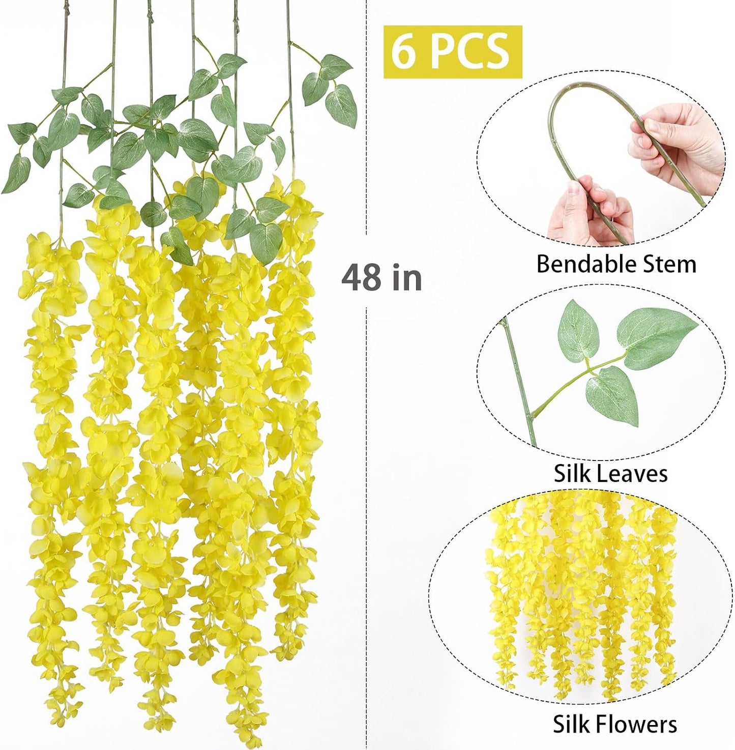 6Pcs Yellow Wisteria Hanging Flowers 48" Silk Wisteria Artificial Flowers Garland Vines Fake Hanging Flowers Decoration for Wedding Flower Wall Backdrop Centerpieces Party Room Decor (Yellow)