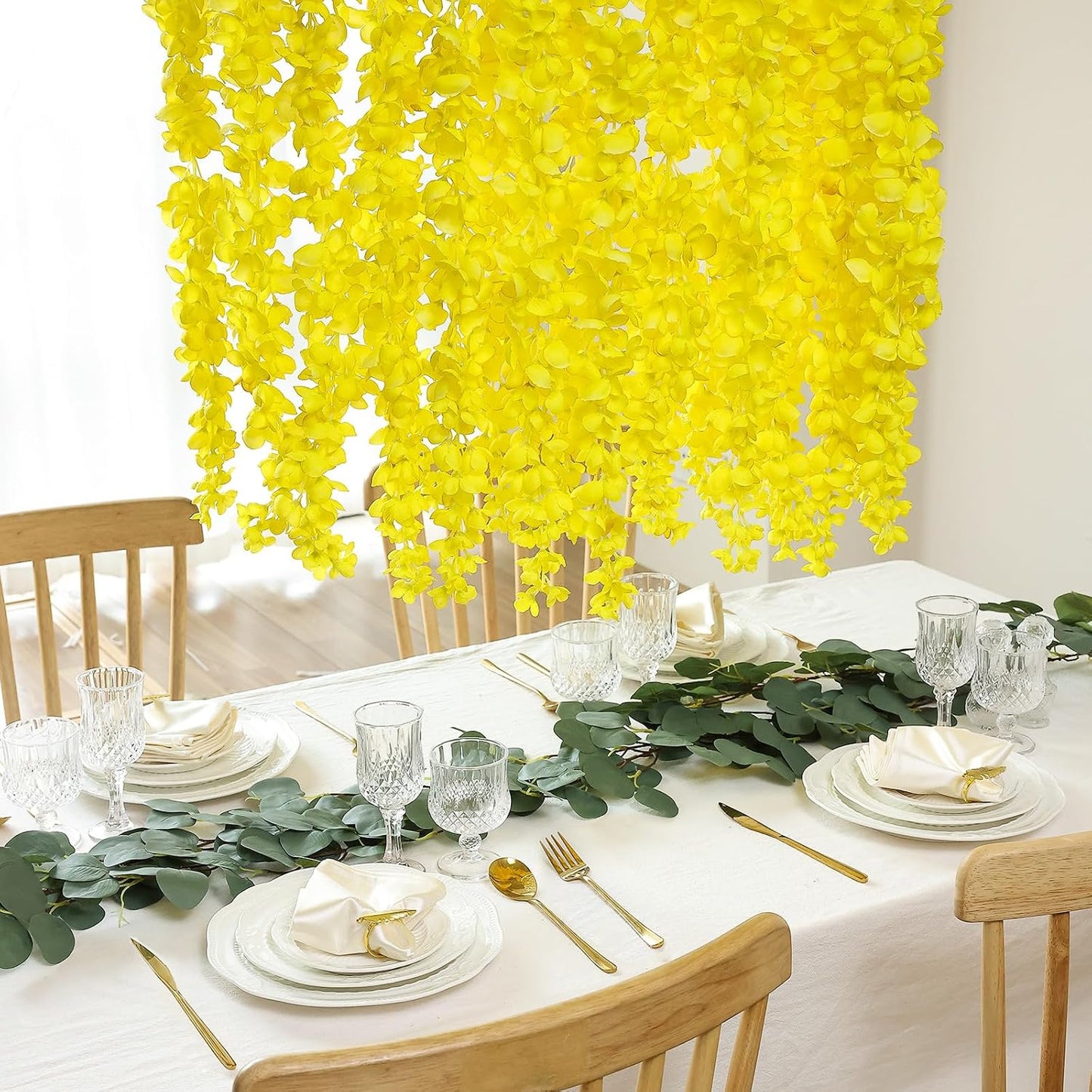 6Pcs Yellow Wisteria Hanging Flowers 48" Silk Wisteria Artificial Flowers Garland Vines Fake Hanging Flowers Decoration for Wedding Flower Wall Backdrop Centerpieces Party Room Decor (Yellow)
