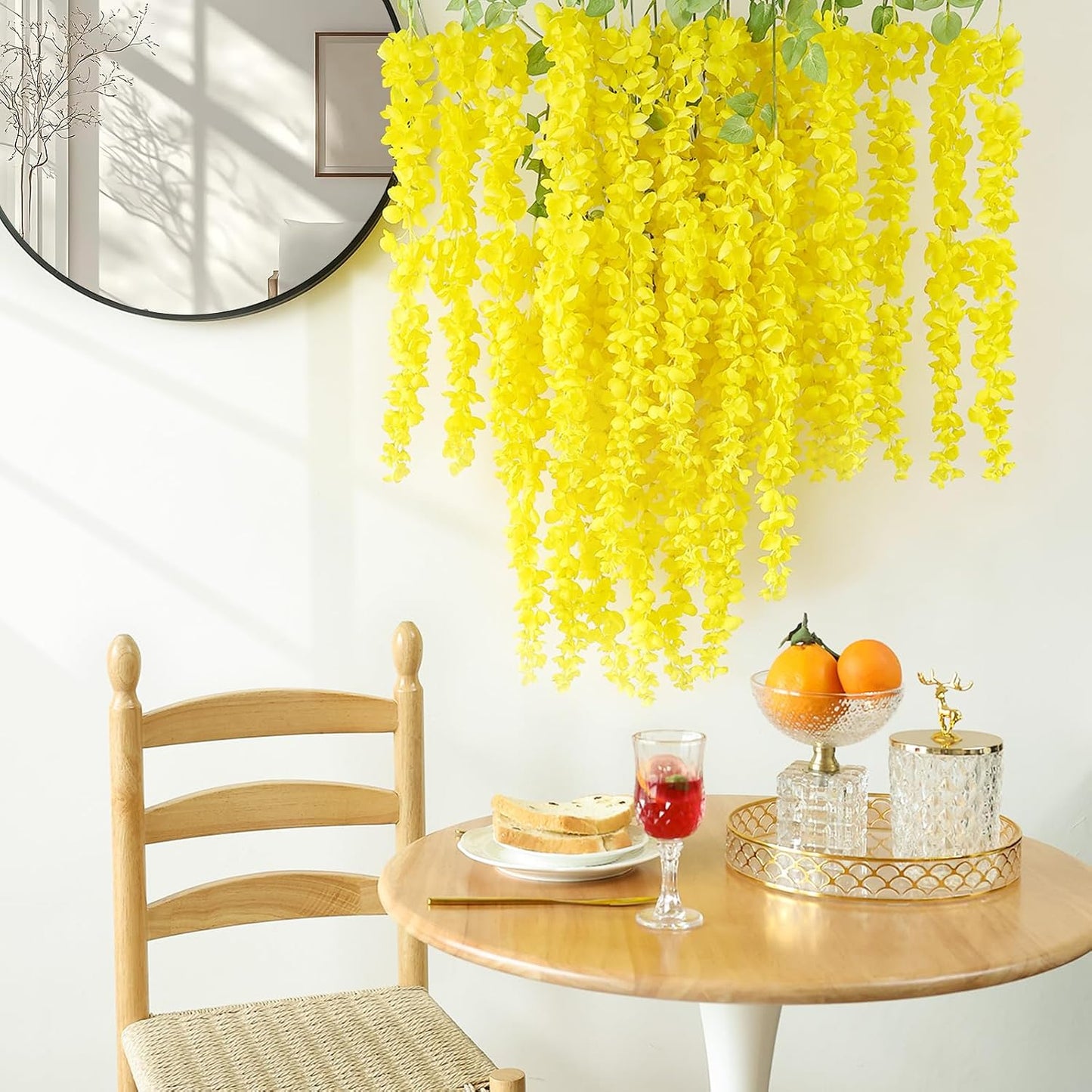 6Pcs Yellow Wisteria Hanging Flowers 48" Silk Wisteria Artificial Flowers Garland Vines Fake Hanging Flowers Decoration for Wedding Flower Wall Backdrop Centerpieces Party Room Decor (Yellow)