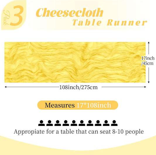 3 Pack Lemon Yellow Cheesecloth Table Runner, 17 x 108 Inch, Gauze Cheese Cloth Table Runner Rustic Sheer Runner for Wedding Birthday Party Baby Shower Table Decor(Lemon Yellow)