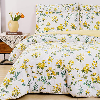 lasoftan Floral Queen Comforter Set with Sheets, 7 piece Luxury Vintage Bedding, Soft Microfiber Bed in a Bag, Cozy Lightweight Bed Set, Yellow Flower Green Leaves