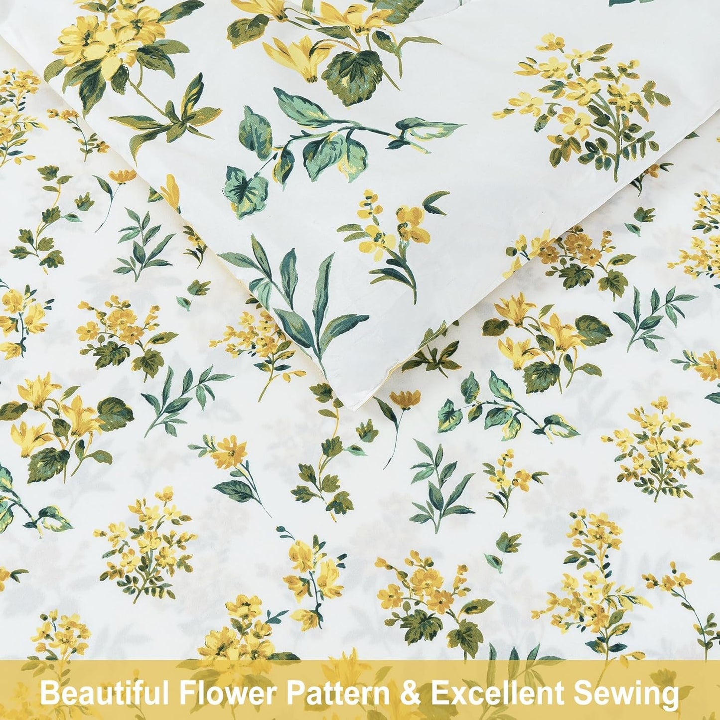 lasoftan Floral Queen Comforter Set with Sheets, 7 piece Luxury Vintage Bedding, Soft Microfiber Bed in a Bag, Cozy Lightweight Bed Set, Yellow Flower Green Leaves