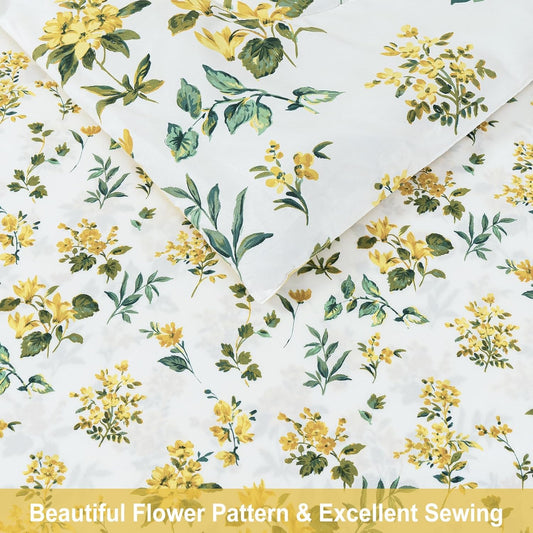 lasoftan Floral Queen Comforter Set with Sheets, 7 piece Luxury Vintage Bedding, Soft Microfiber Bed in a Bag, Cozy Lightweight Bed Set, Yellow Flower Green Leaves
