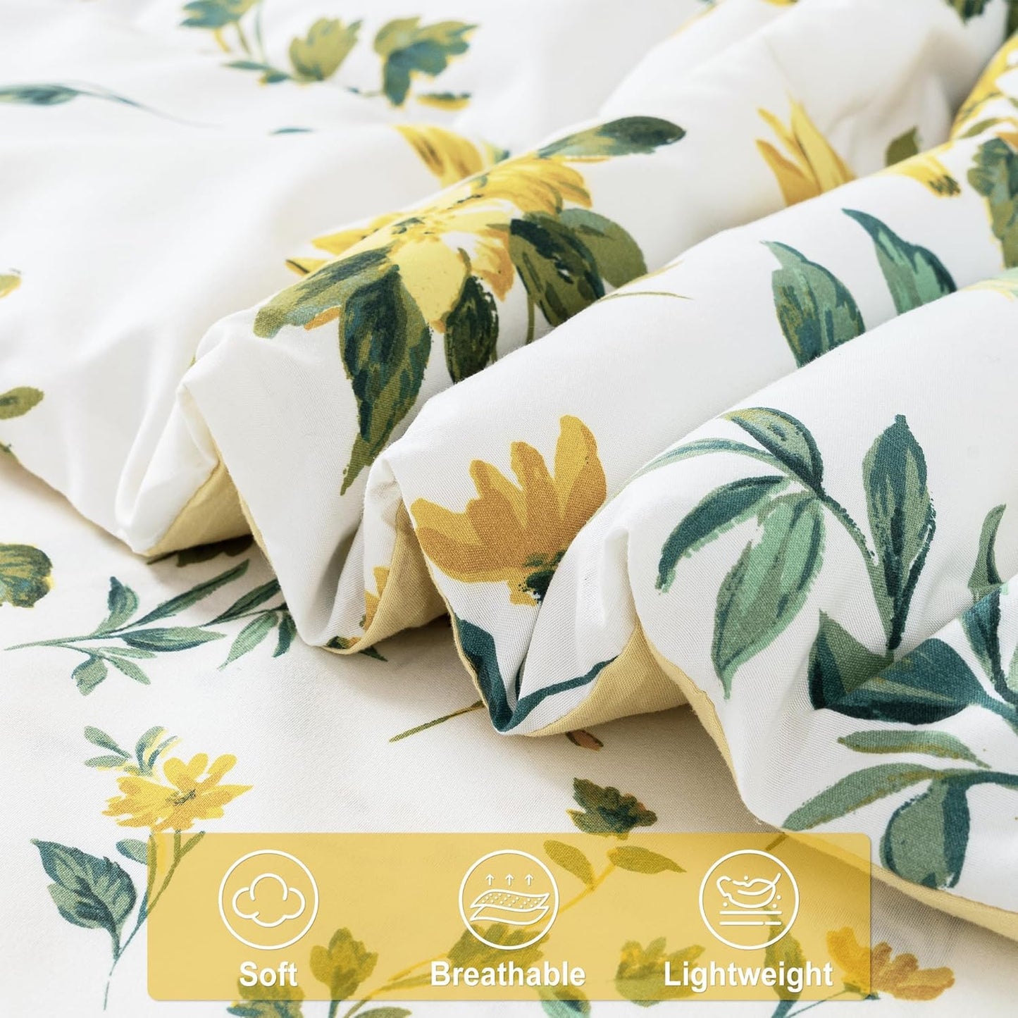 lasoftan Floral Queen Comforter Set with Sheets, 7 piece Luxury Vintage Bedding, Soft Microfiber Bed in a Bag, Cozy Lightweight Bed Set, Yellow Flower Green Leaves