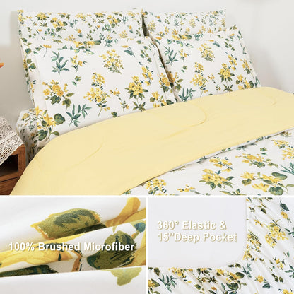 lasoftan Floral Queen Comforter Set with Sheets, 7 piece Luxury Vintage Bedding, Soft Microfiber Bed in a Bag, Cozy Lightweight Bed Set, Yellow Flower Green Leaves