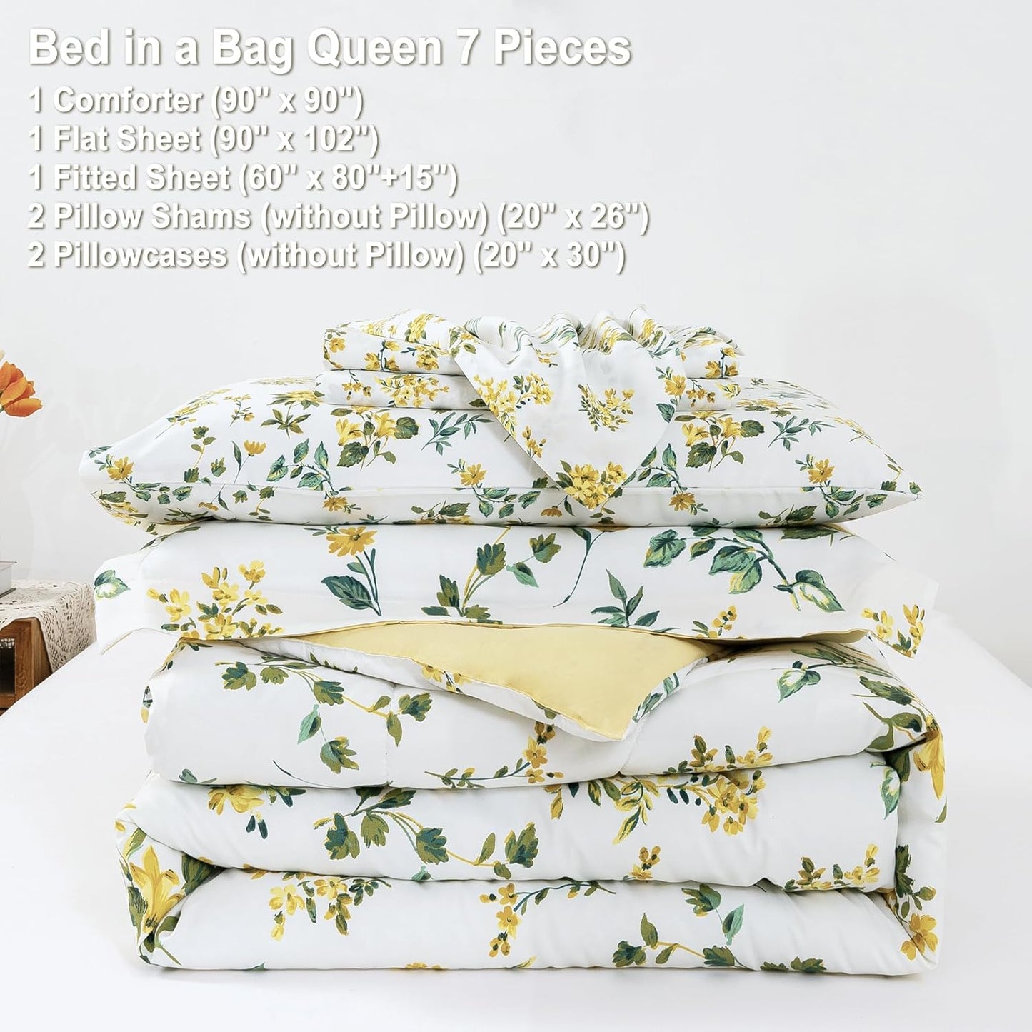 lasoftan Floral Queen Comforter Set with Sheets, 7 piece Luxury Vintage Bedding, Soft Microfiber Bed in a Bag, Cozy Lightweight Bed Set, Yellow Flower Green Leaves