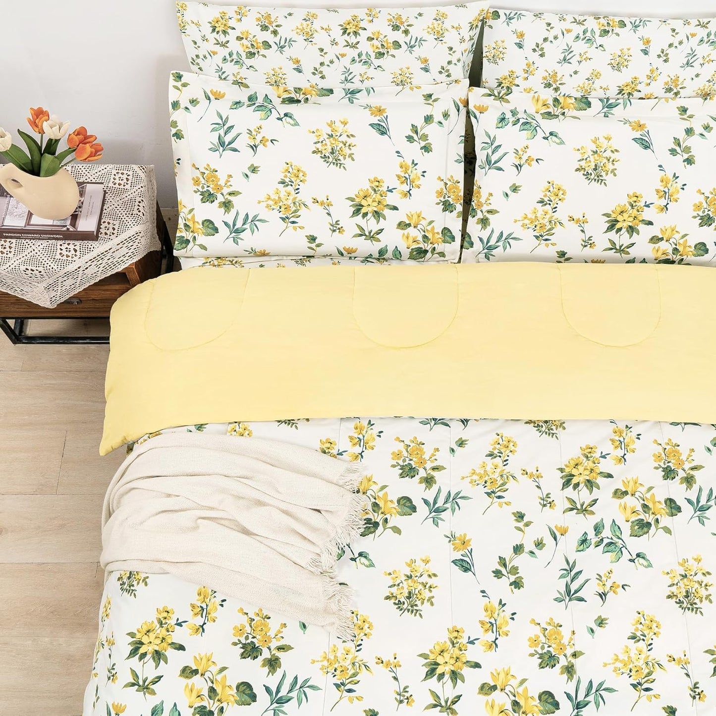 lasoftan Floral Queen Comforter Set with Sheets, 7 piece Luxury Vintage Bedding, Soft Microfiber Bed in a Bag, Cozy Lightweight Bed Set, Yellow Flower Green Leaves