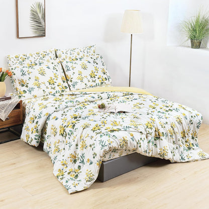 lasoftan Floral Queen Comforter Set with Sheets, 7 piece Luxury Vintage Bedding, Soft Microfiber Bed in a Bag, Cozy Lightweight Bed Set, Yellow Flower Green Leaves