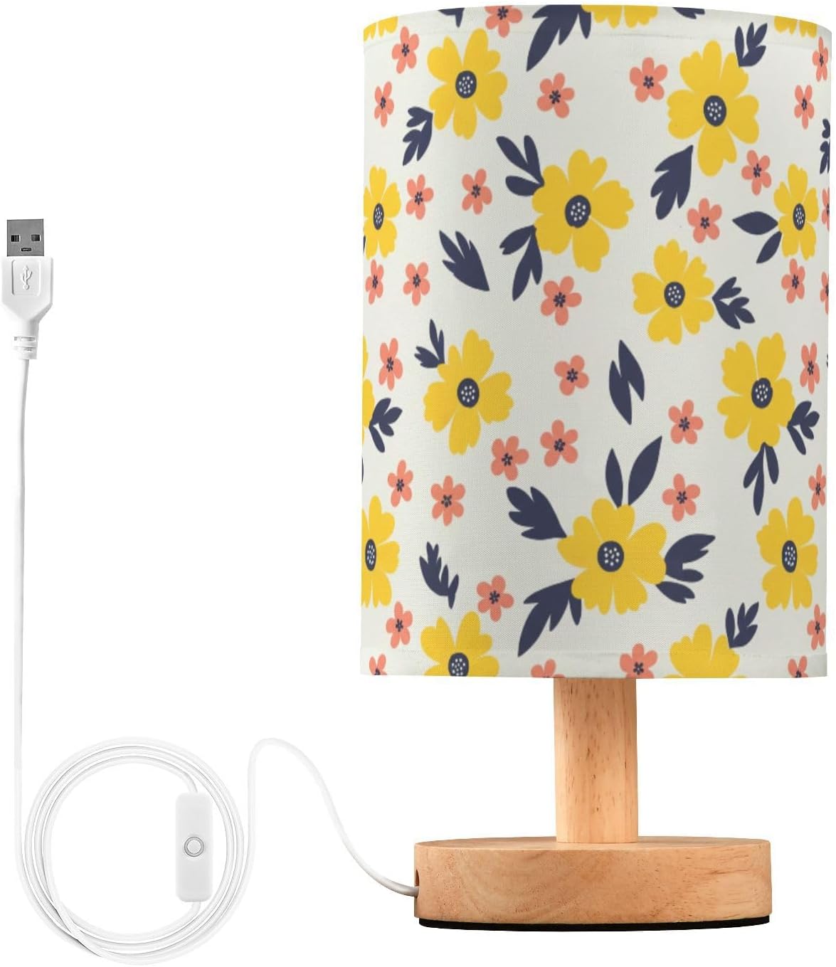 Yellow Flowers Table Lamp Bedroom Bedside Night Reading Desk Lamps Cylinder Nightstand Sleeping Light Lamp for Living Room Office Decor
