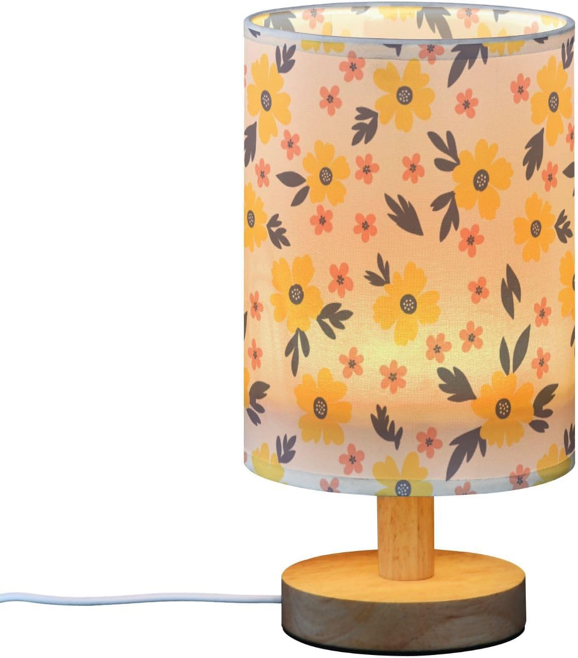 Yellow Flowers Table Lamp Bedroom Bedside Night Reading Desk Lamps Cylinder Nightstand Sleeping Light Lamp for Living Room Office Decor